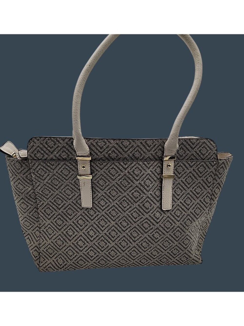 VintageLiz Claiborne Geometric Satchel Tote Bag Cream Taupe Canvas Faux Leather - Picture 13 of 16